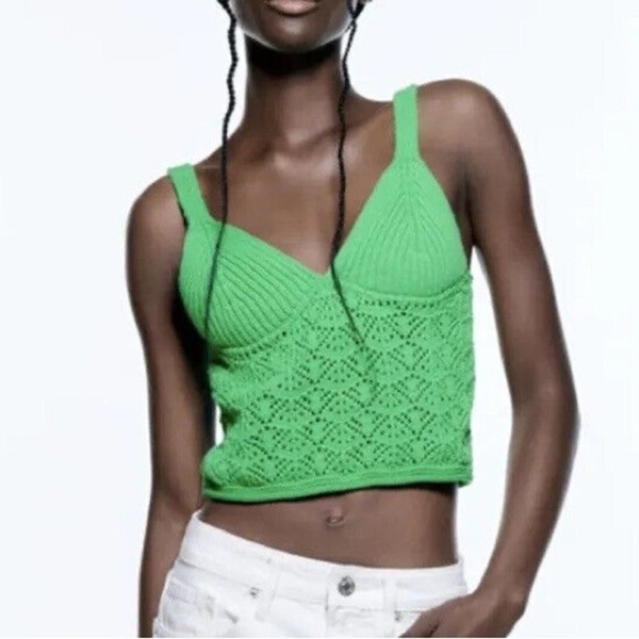 ZARA BNWT Green Short Crochet Top Cropped Strappy Striped Summer Knit - Picture 1 of 6